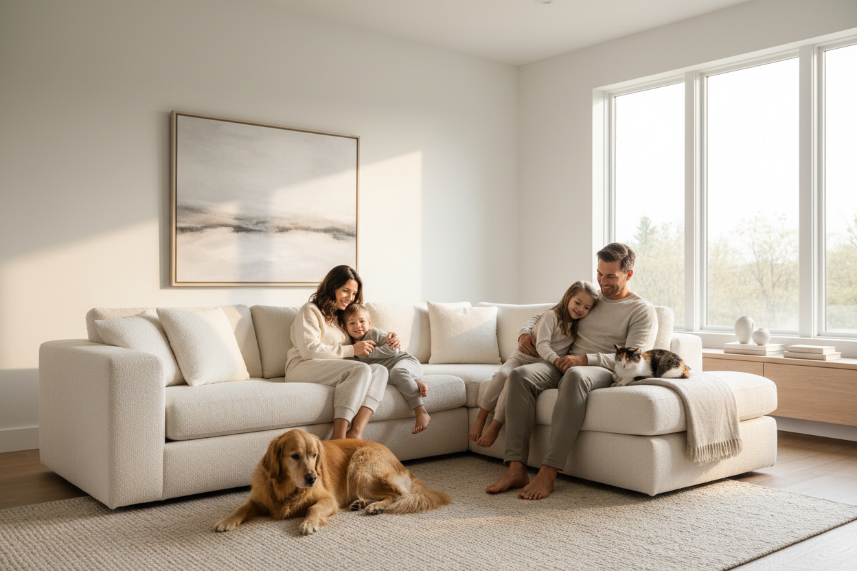 creer une image d une famille heureuse avec un chien ou chat assi dans leur salon qui rassure les client contre les puces et puce de lit